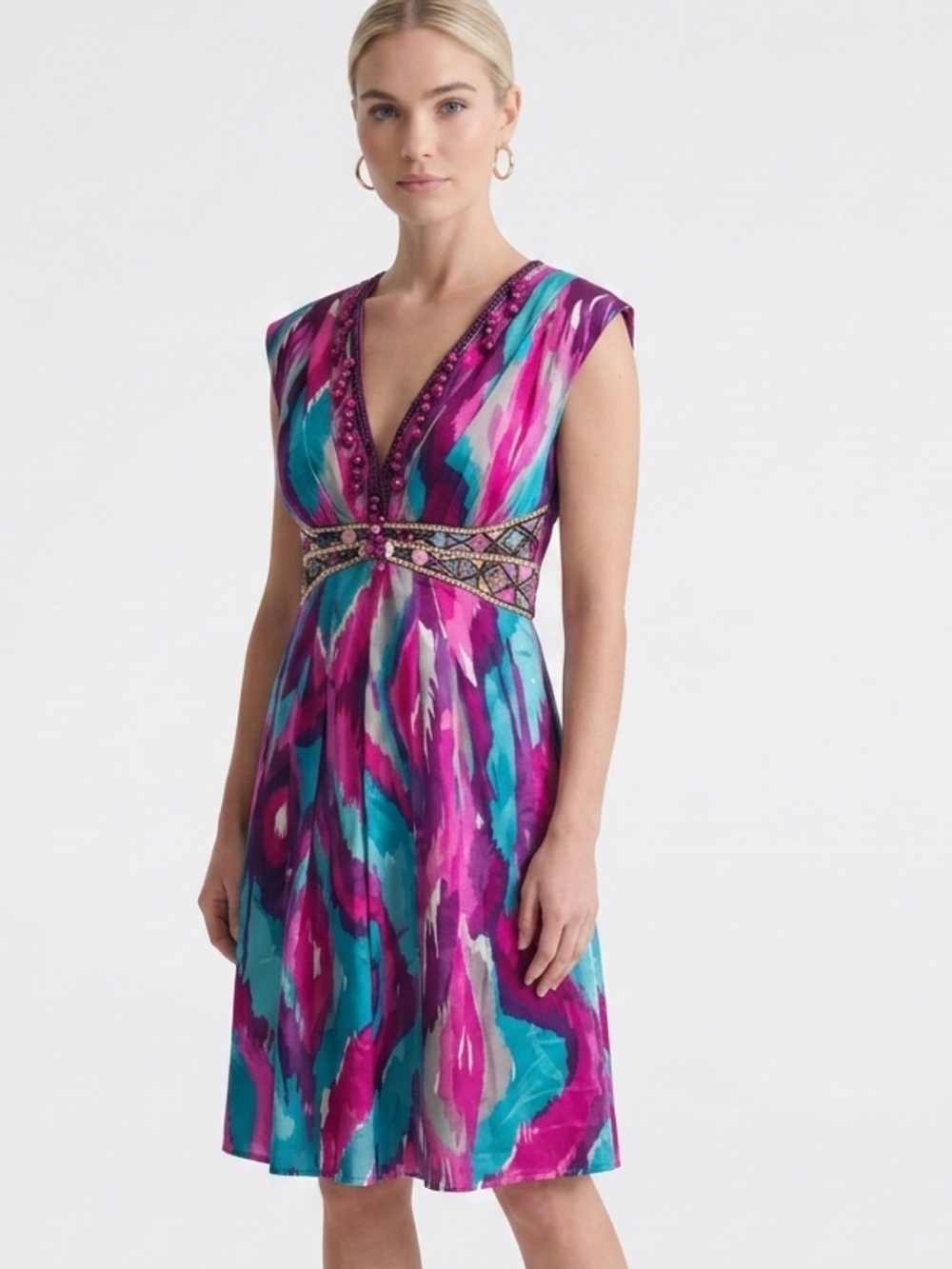 Vibrant Magenta & Teal Printed V-Neck Women’s Dress